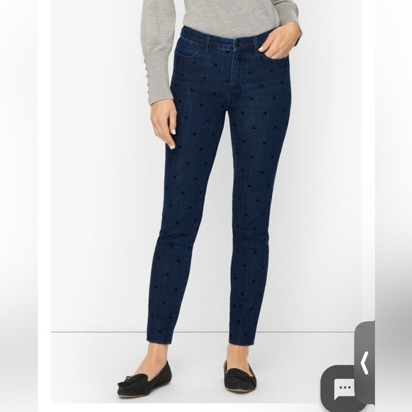 Talbots high waist skinny leg ankle pants blue jeans jegging flocked bows 24W - Picture 1 of 11